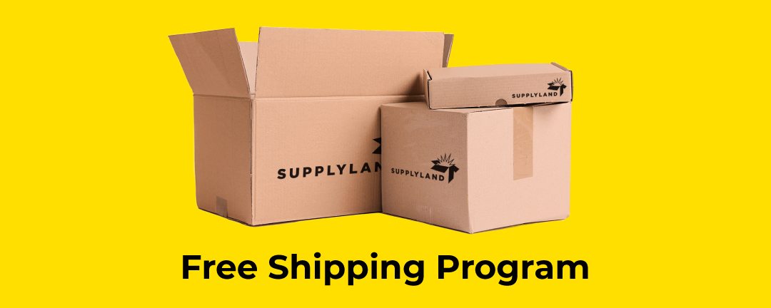 Three brown SupplyLand boxes with the words Free Shipping