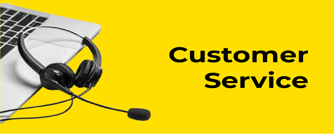 Computer and headphones on a desk with the words Customer Service