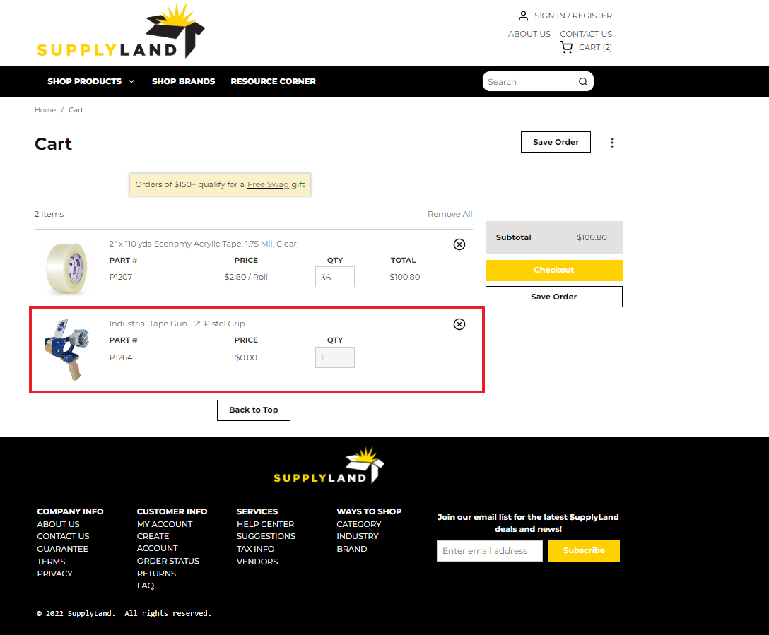Screenshot of a cart with the free item highlighted with a red box