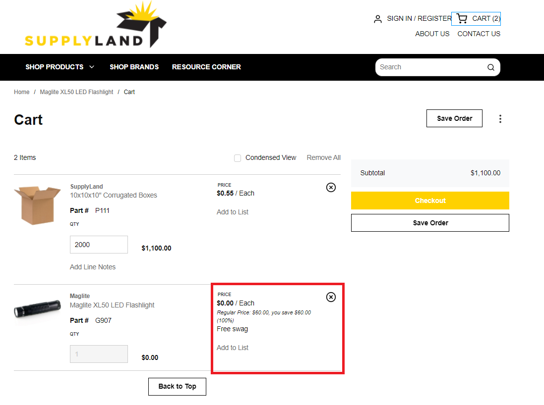 Picture of a cart with the free item highlighted by a red box