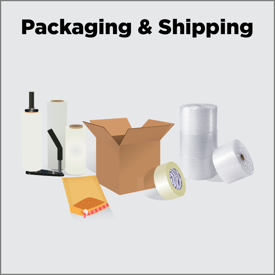 Common items needed to pack and ship items such as Boxes, Tape, Film, and Bags.