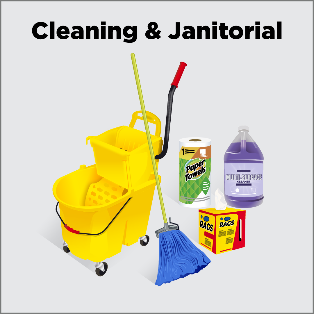 Common cleaning products included mops, cleaners, towels, and hardware.