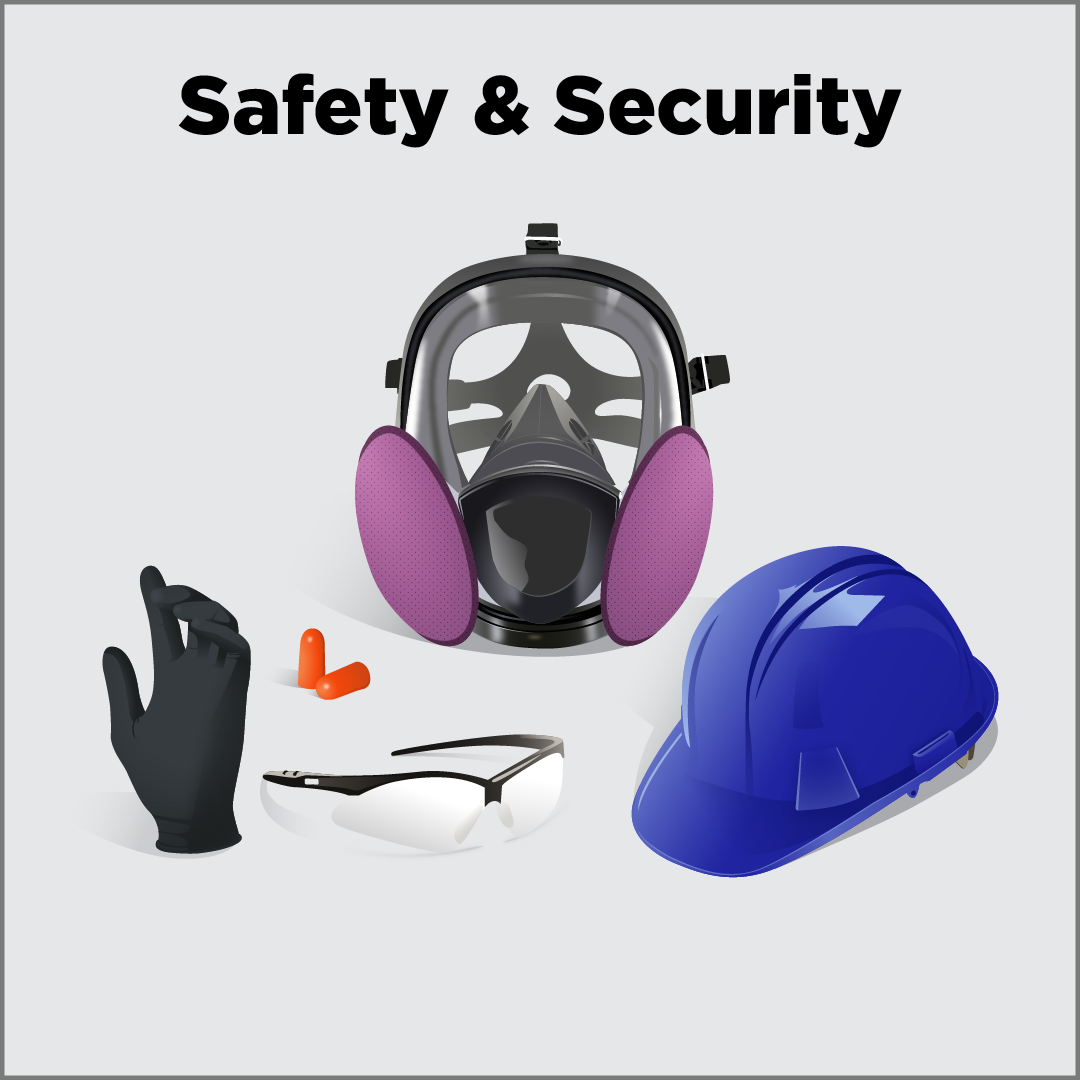 Essential safety items for head, ear, eye, and body protection.