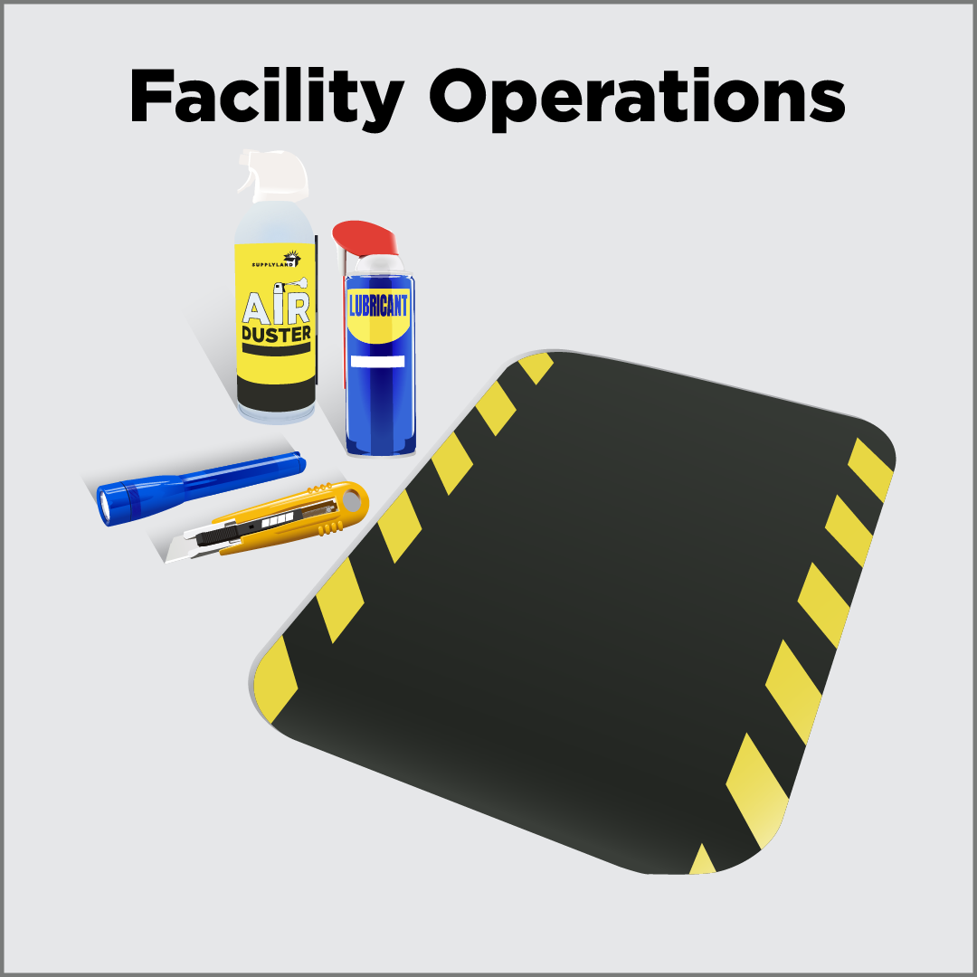Items to help a facility run smoothly like floor mats, lubricants, flashlights, and cutters.