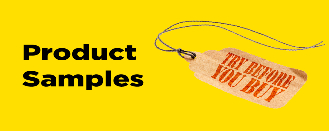 Product Samples text next to a paper tag with the words "Try Before You Buy" printed on it