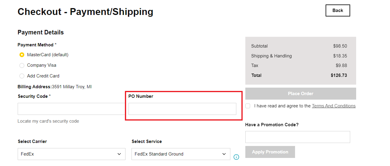 Screenshot of the order checkout screen with the PO Number entry box highlighted with a red border