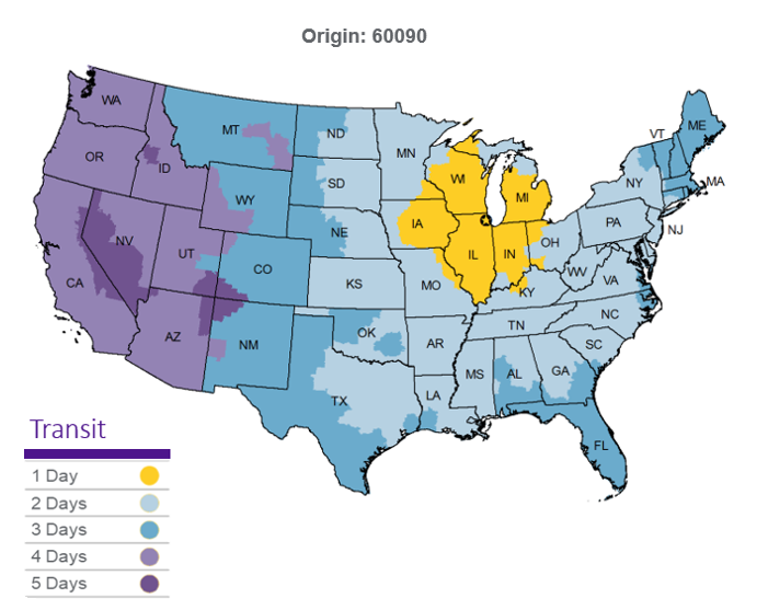 FedEx Ground delivery heat map of the continental United States showing the different transit times 